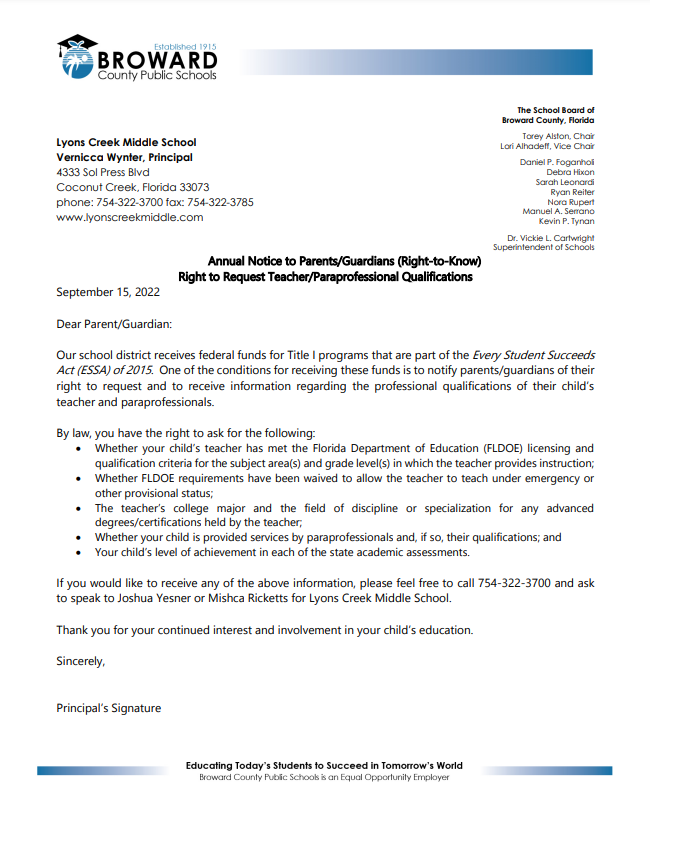 Right to Request Teacher/Paraprofessional Qualifications